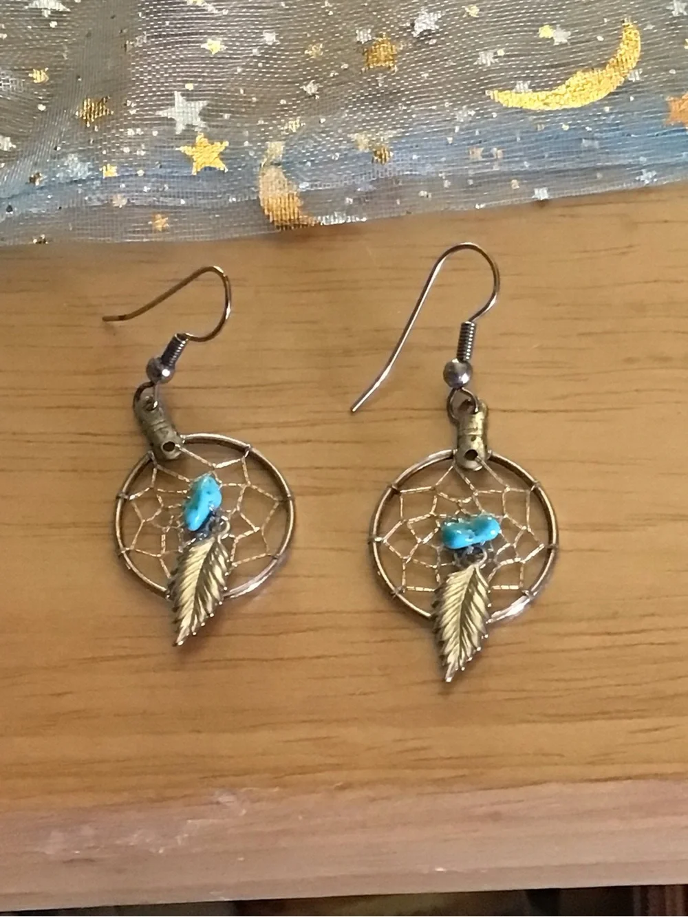 Source Unknown Antique Silver Dreamcatcher Earrings with Turquoise Beads